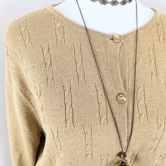 VTG Late 90s Y2K Moonlight Bay Gold Tan Glitter Cable Knit Long Sleeve Cardigan - Picture 4 of 5